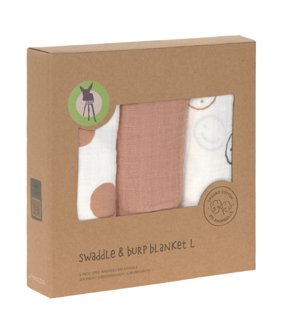 Lässig - Swaddle & Burp Blanket L Tiny Smile maple,, 3 pcs ass., 85 x 85 cm
