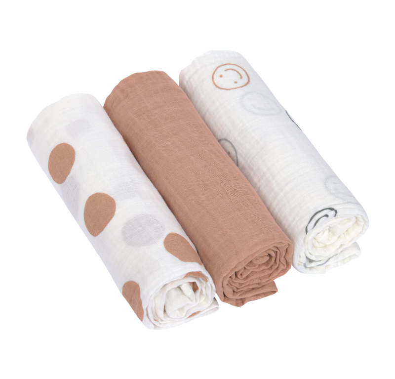 Lässig - Swaddle & Burp Blanket L Tiny Smile maple,, 3 pcs ass., 85 x 85 cm