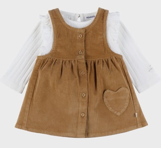 Noukie's - Set van bruin corduroy kleedje + wit tshirt